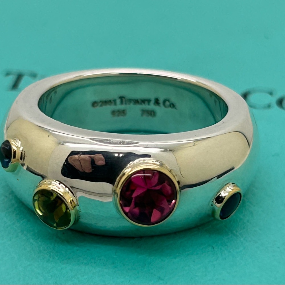 Tiffany&Co.925 18Kt Etoile 2001 Tourmaline,Prasolite,Sapphire Ring Sz.7